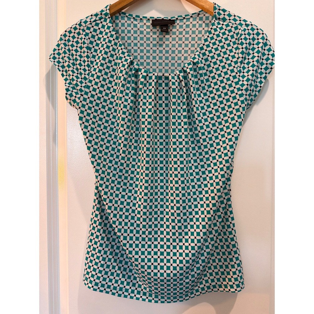 Worthington Womens Petite Small Teal Geometric Pleated Scoop Neck Blouse PS